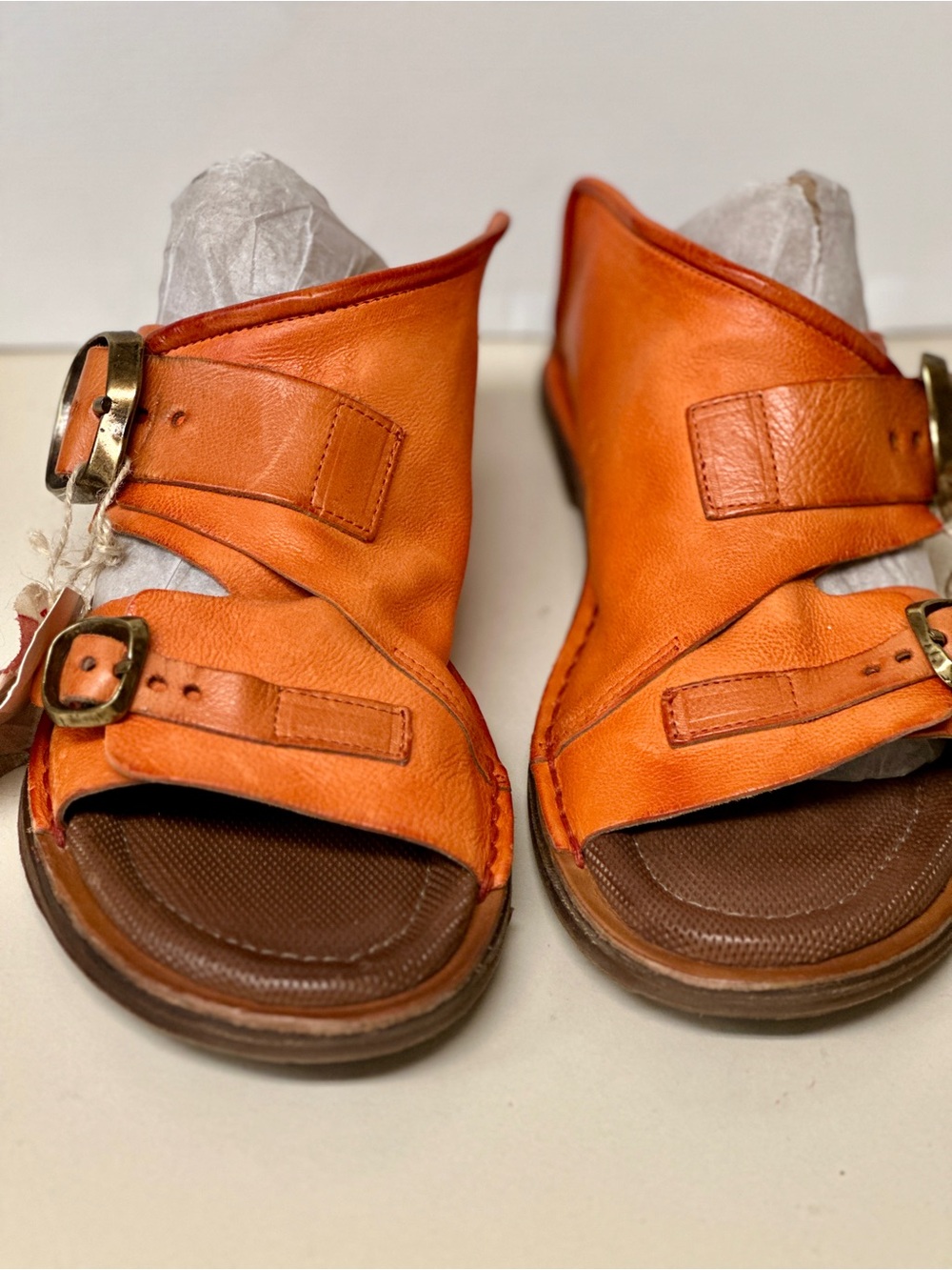A.S.98 Orange Leather Open-Toe Buckle Flats